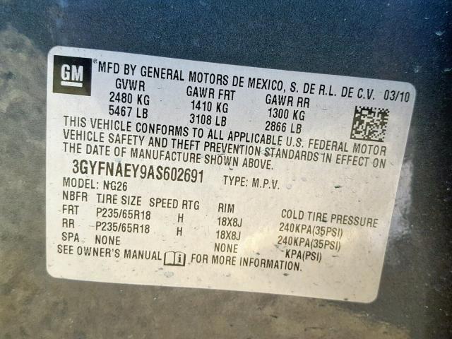 3GYFNAEY9AS602691 - 2010 CADILLAC SRX LUXURY GRAY photo 10