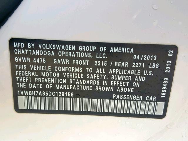 1VWBH7A35DC129159 - 2013 VOLKSWAGEN PASSAT SE WHITE photo 10