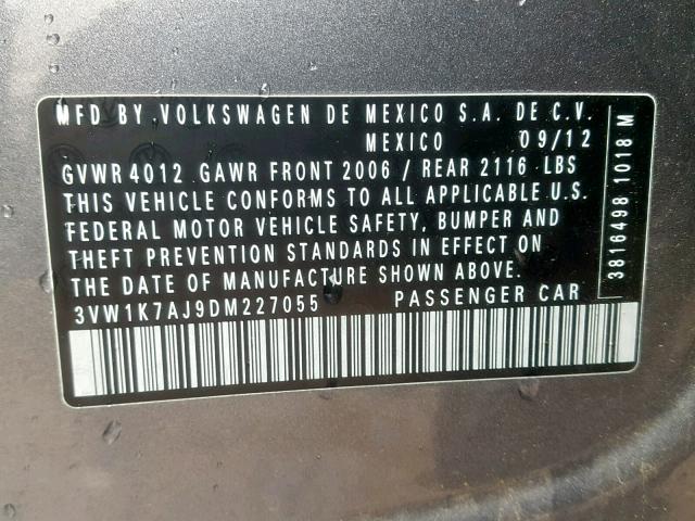 3VW1K7AJ9DM227055 - 2013 VOLKSWAGEN JETTA BASE GRAY photo 10