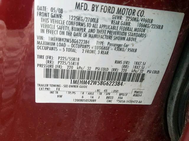 1MEHM42W58G622384 - 2008 MERCURY SABLE PREM MAROON photo 10