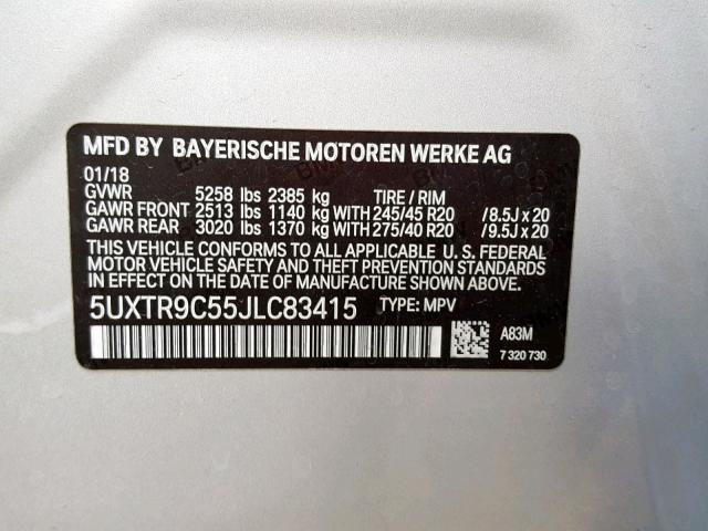 5UXTR9C55JLC83415 - 2018 BMW X3 XDRIVE3 SILVER photo 10