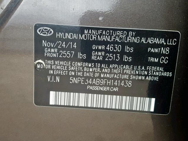 5NPE34AB9FH141438 - 2015 HYUNDAI SONATA SPO GRAY photo 10