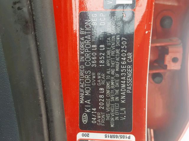 KNADM4A35E6402507 - 2014 KIA RIO LX RED photo 10