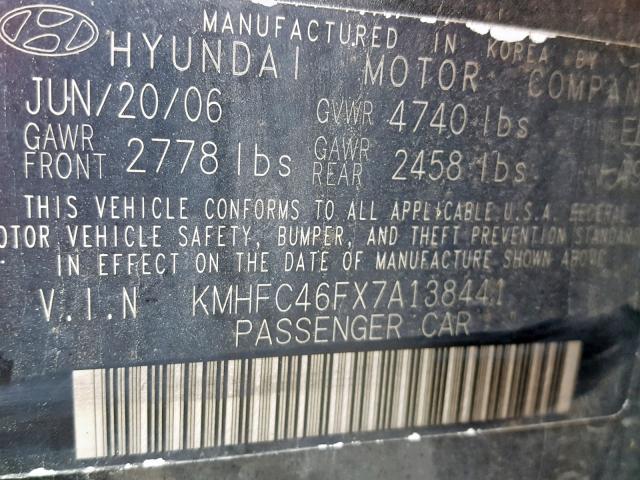 KMHFC46FX7A138441 - 2007 HYUNDAI AZERA SE BLACK photo 10