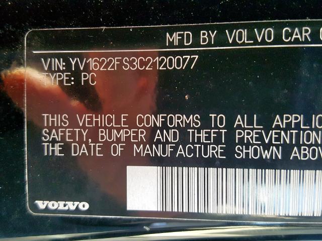 YV1622FS3C2120077 - 2012 VOLVO S60 T5 BLACK photo 10