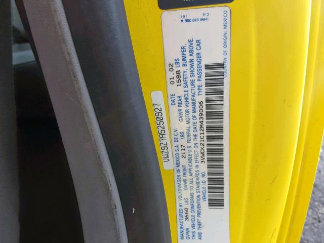 3VWCK21C12M439006 - 2002 VOLKSWAGEN NEW BEETLE 黄色 照片 10