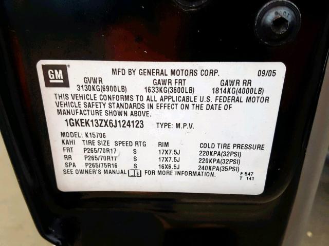 1GKEK13ZX6J124123 - 2006 GMC YUKON BLACK photo 10