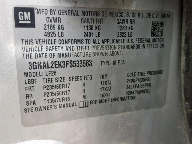 3GNAL2EK3FS533583 - 2015 CHEVROLET CAPTIVA LS 银色 照片 10