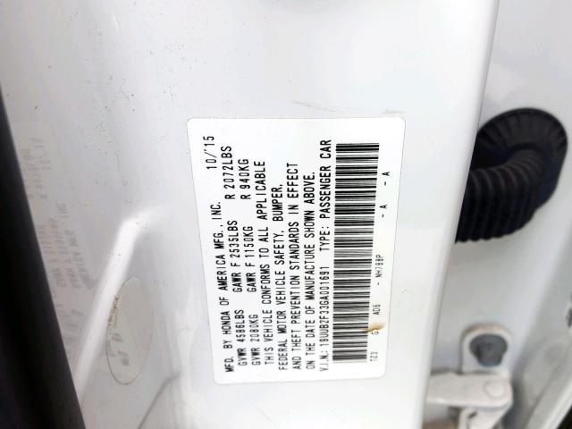 19UUB2F33GA001691 - 2016 ACURA TLX WHITE photo 10