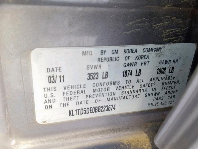 KL1TD5DE0BB223674 - 2011 CHEVROLET AVEO LS GRAY photo 10