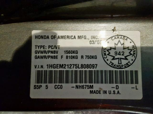 1HGEM21275L808097 - 2005 HONDA CIVIC DX GRAY photo 10