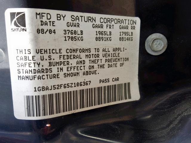 1G8AJ52F65Z106367 - 2005 SATURN ION LEVEL SILVER photo 10