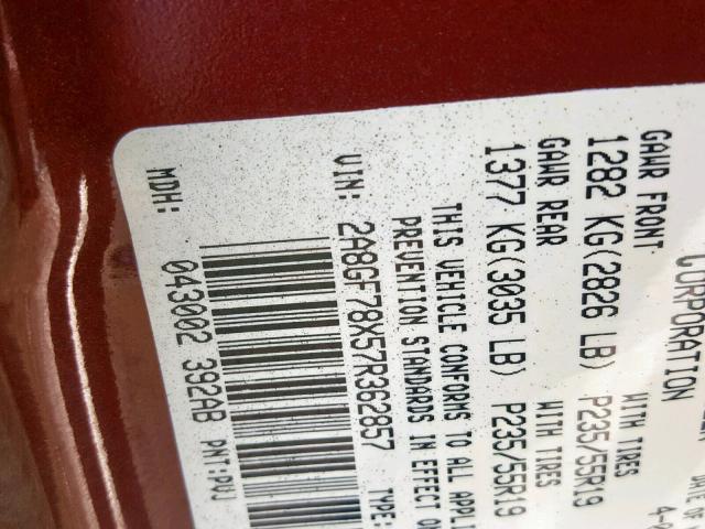 2A8GF78X57R362857 - 2007 CHRYSLER PACIFICA L BURGUNDY photo 10