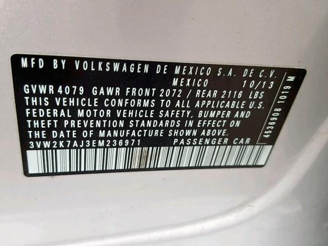 3VW2K7AJ3EM236971 - 2014 VOLKSWAGEN JETTA BASE SILVER photo 10