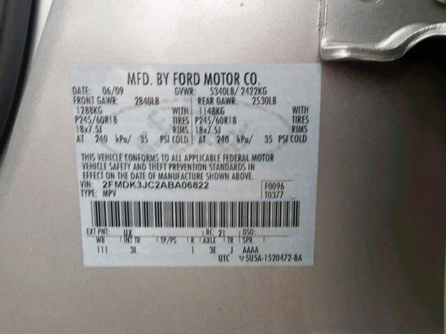 2FMDK3JC2ABA06822 - 2010 FORD EDGE SEL SILVER photo 10