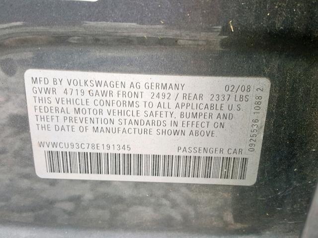 WVWCU93C78E191345 - 2008 VOLKSWAGEN PASSAT VR6 GRAY photo 10