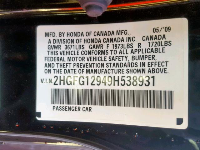 2HGFG12949H538931 - 2009 HONDA CIVIC EXL BLACK photo 10