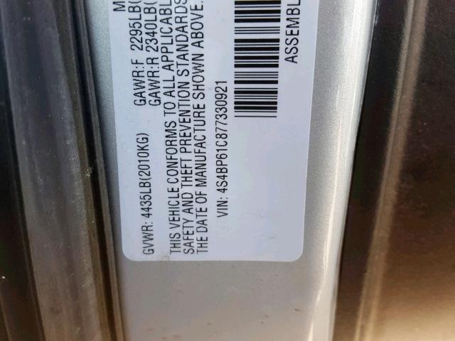 4S4BP61C877330921 - 2007 SUBARU LEGACY OUT SILVER photo 10