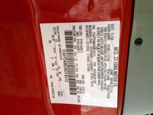 1FAFP34N05W218513 - 2005 FORD FOCUS ZX4 RED photo 10