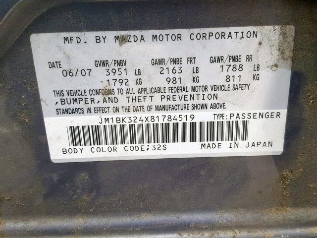 JM1BK324X81784519 - 2008 MAZDA 3 S GRAY photo 10