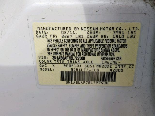 3N1AB6AP7BL727500 - 2011 NISSAN SENTRA 2.0 WHITE photo 10