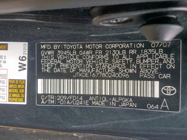 JTKDE167780240096 - 2008 TOYOTA SCION TC შავი ფოტო 10