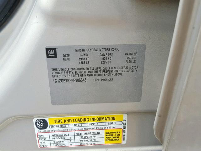 1G1ZG57B89F106643 - 2009 CHEVROLET MALIBU LS GOLD photo 10