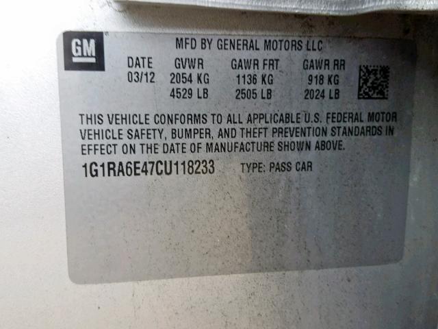 1G1RA6E47CU118233 - 2012 CHEVROLET VOLT SILVER photo 10