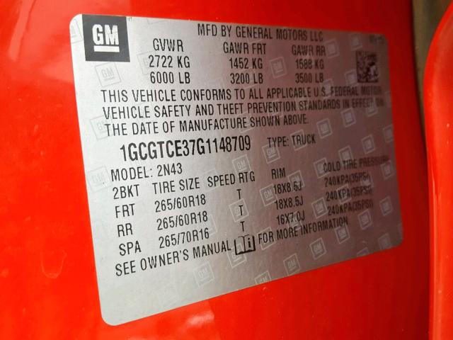 1GCGTCE37G1148709 - 2016 CHEVROLET COLORADO L RED photo 10