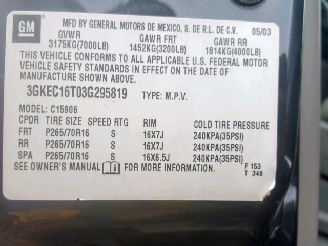 3GKEC16T03G295819 - 2003 GMC YUKON XL C GRAY photo 10