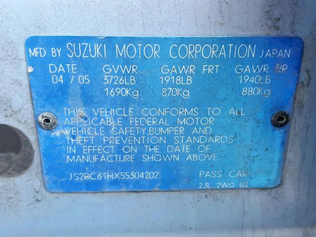 JS2RC61HX55304202 - 2005 SUZUKI AERIO SX BLUE photo 10