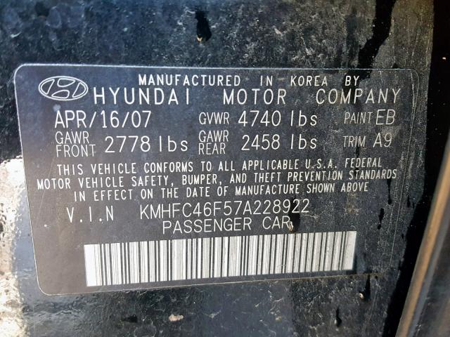 KMHFC46F57A228922 - 2007 HYUNDAI AZERA SE BLACK photo 10