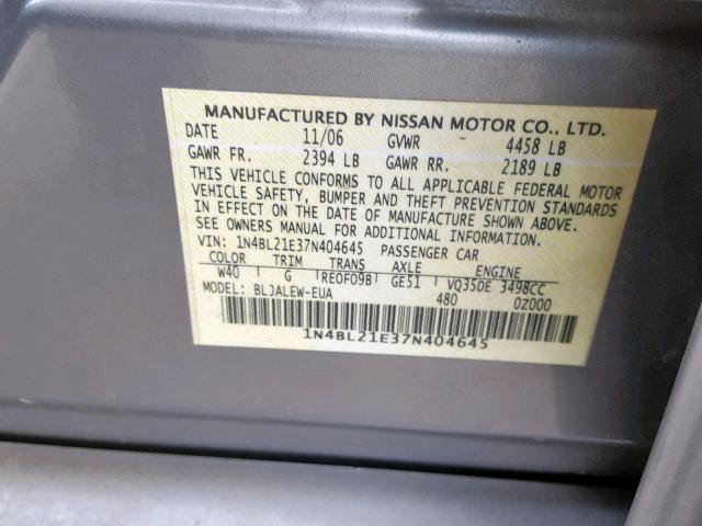 1N4BL21E37N404645 - 2007 NISSAN ALTIMA 3.5 GRAY photo 10