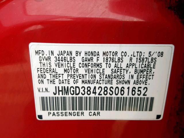 JHMGD38428S061652 - 2008 HONDA FIT RED photo 10