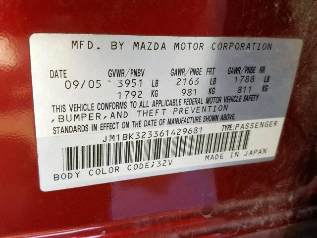 JM1BK323361429681 - 2006 MAZDA 3 S RED photo 10