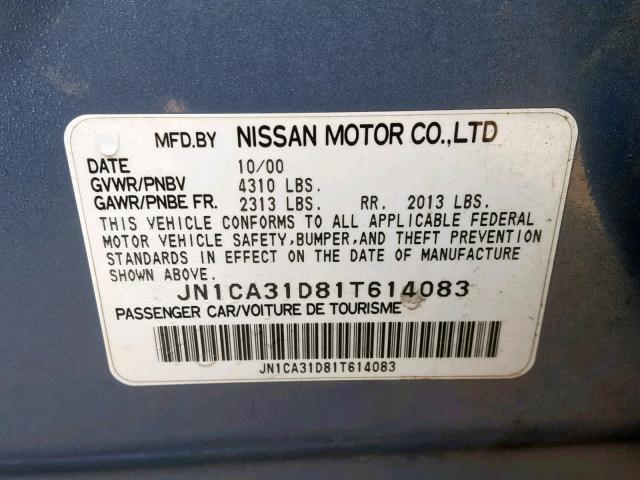 JN1CA31D81T614083 - 2001 NISSAN MAXIMA GXE BLUE photo 10