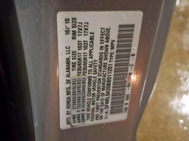 5FNRL5H20BB011201 - 2011 HONDA ODYSSEY LX SILVER photo 10