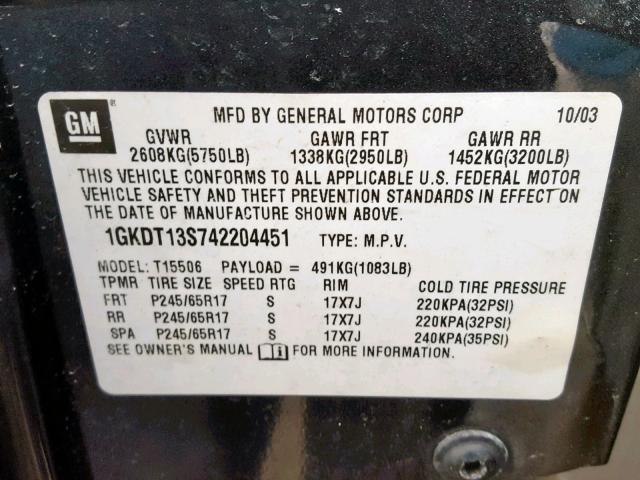 1GKDT13S742204451 - 2004 GMC ENVOY GRAY photo 10