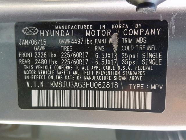 KM8JU3AG3FU062818 - 2015 HYUNDAI TUCSON LIM GRAY photo 10