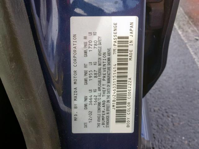 JM1BJ246331151414 - 2003 MAZDA PROTEGE PR BLUE photo 10