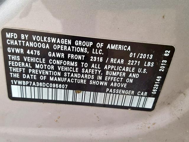 1VWBP7A36DC095607 - 2013 VOLKSWAGEN PASSAT SE GRAY photo 10