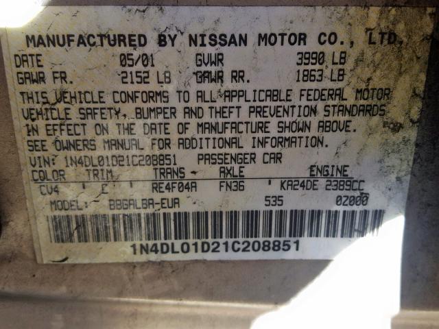 1N4DL01D21C208851 - 2001 NISSAN ALTIMA XE TAN photo 10