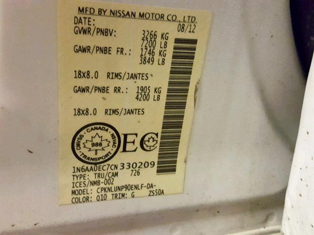 1N6AA0EC7CN330209 - 2012 NISSAN TITAN S WHITE photo 10