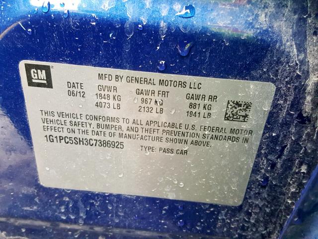 1G1PC5SH3C7386925 - 2012 CHEVROLET CRUZE LS BLUE photo 10