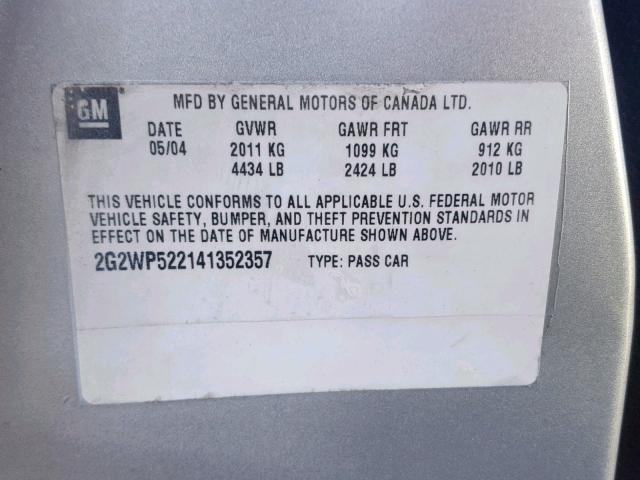 2G2WP522141352357 - 2004 PONTIAC GRAND PRIX SILVER photo 10