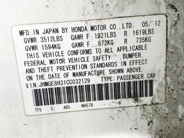 JHMGE8H31CC032129 - 2012 HONDA FIT WHITE photo 10