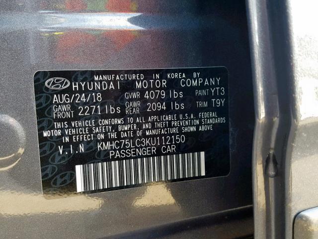 KMHC75LC3KU112150 - 2019 HYUNDAI IONIQ SEL GRAY photo 10