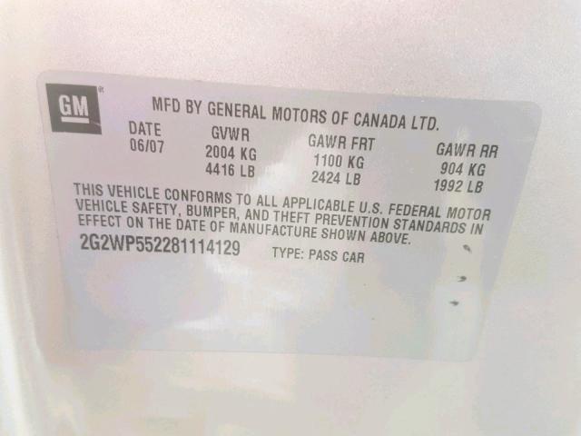 2G2WP552281114129 - 2008 PONTIAC GRAND PRIX SILVER photo 10