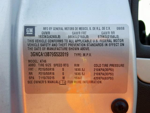 3GNCA13B79S522019 - 2009 CHEVROLET HHR LS 银色 照片 10