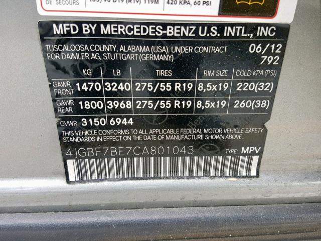 4JGBF7BE7CA801043 - 2012 MERCEDES-BENZ GL 450 4MA GRAY photo 10